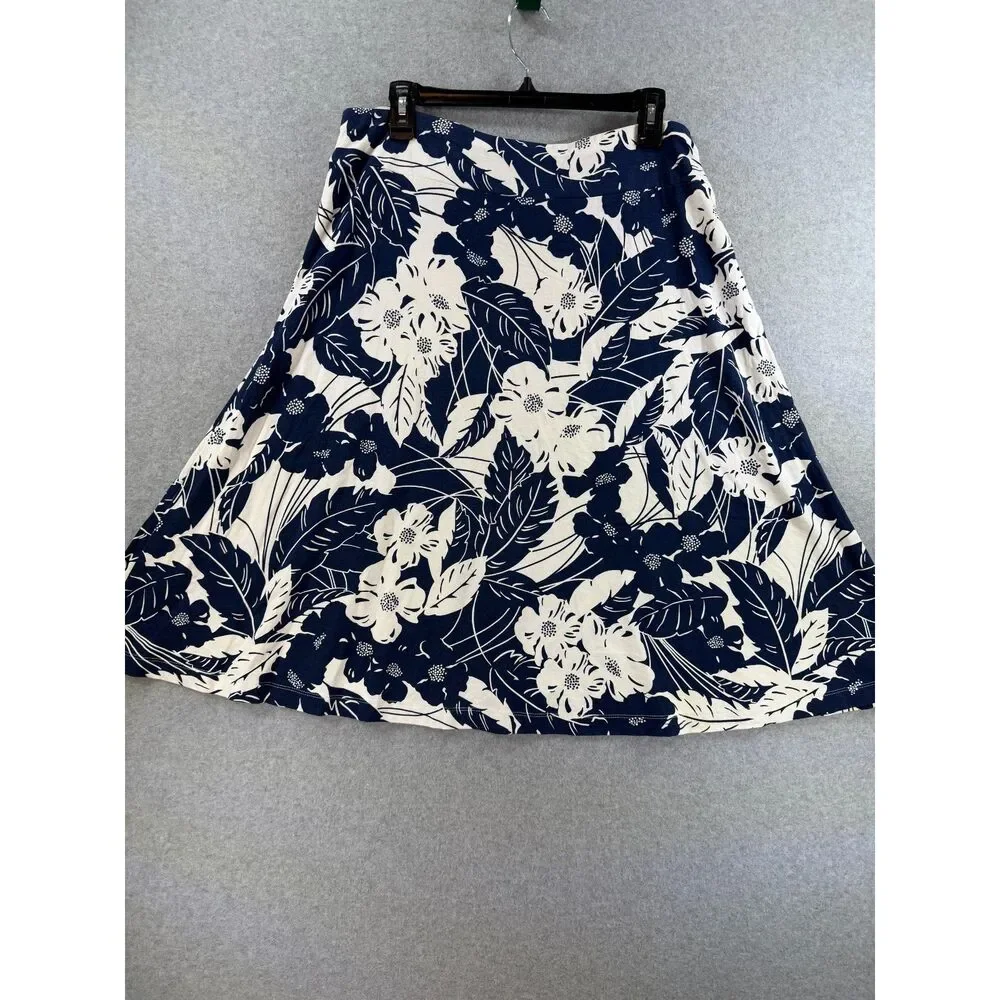 Lands' End Women's L Petite 14-16 Navy White Floral A-Line Skirt 3414